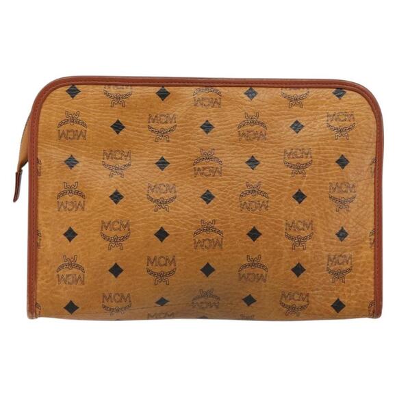 MCM Logogram Vicetos Clutch Bag PVC Leather Brown Gold Auth gh1233